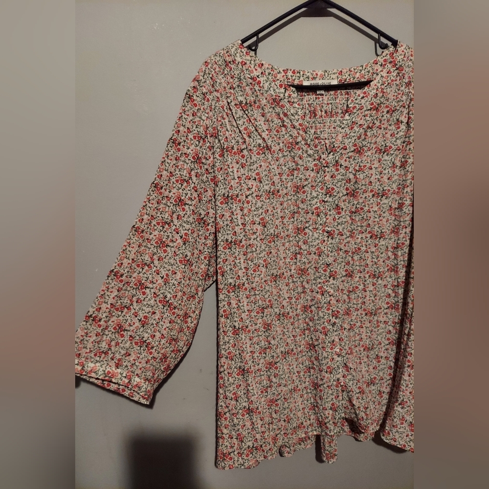 Rose + Olive Pink Floral Pintuck Button Top 2X Cottagecore Boho Peasant Easter